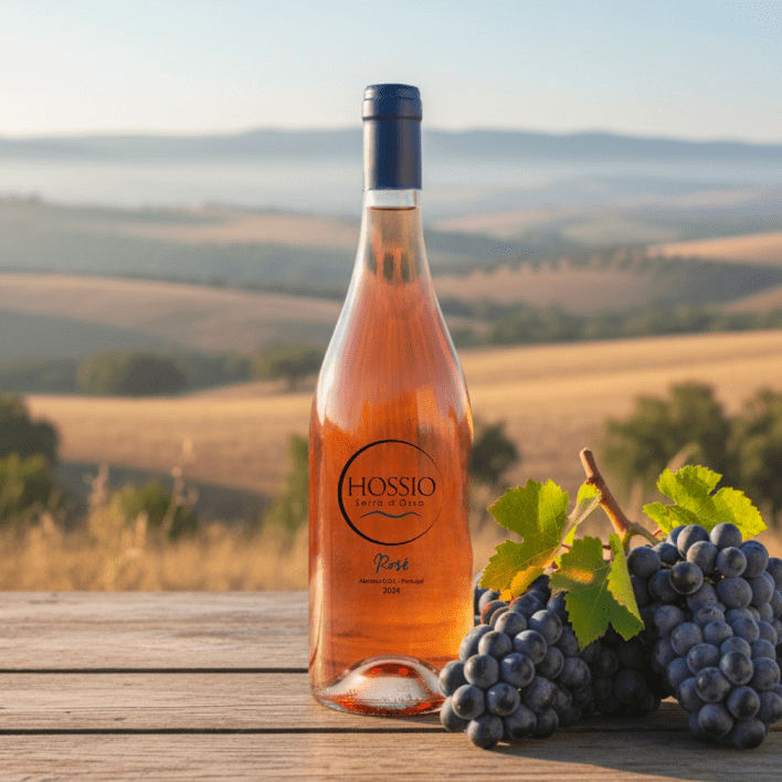Hossio Rosé 2024 bottle in the Serra d'Ossa landscape